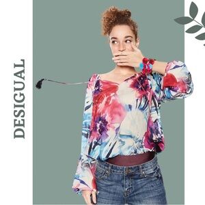 Desigual Zazil Blouse Pink Blue Oversize Floral Top Balloon Sleeve Tassel Medium